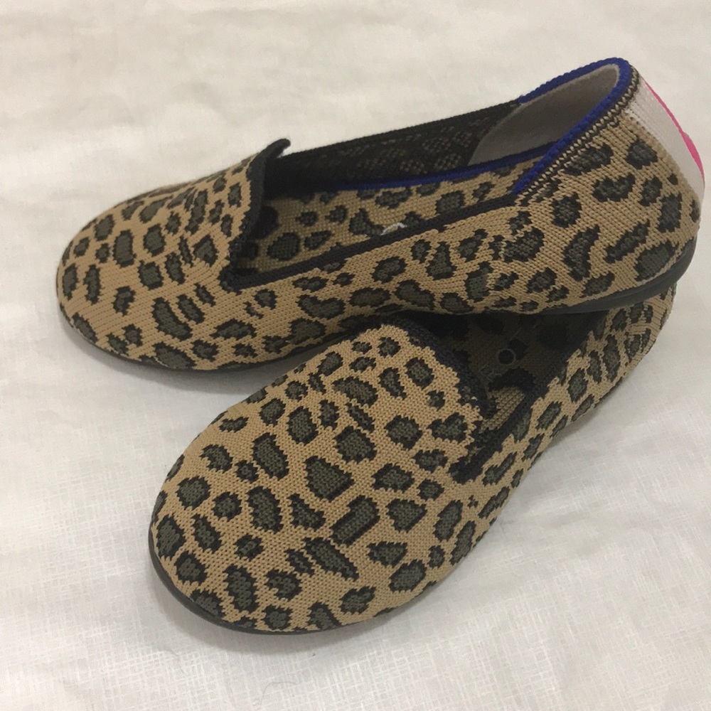 Rothy's Kids Leopard Print loafers with Pink & Blue Accents
